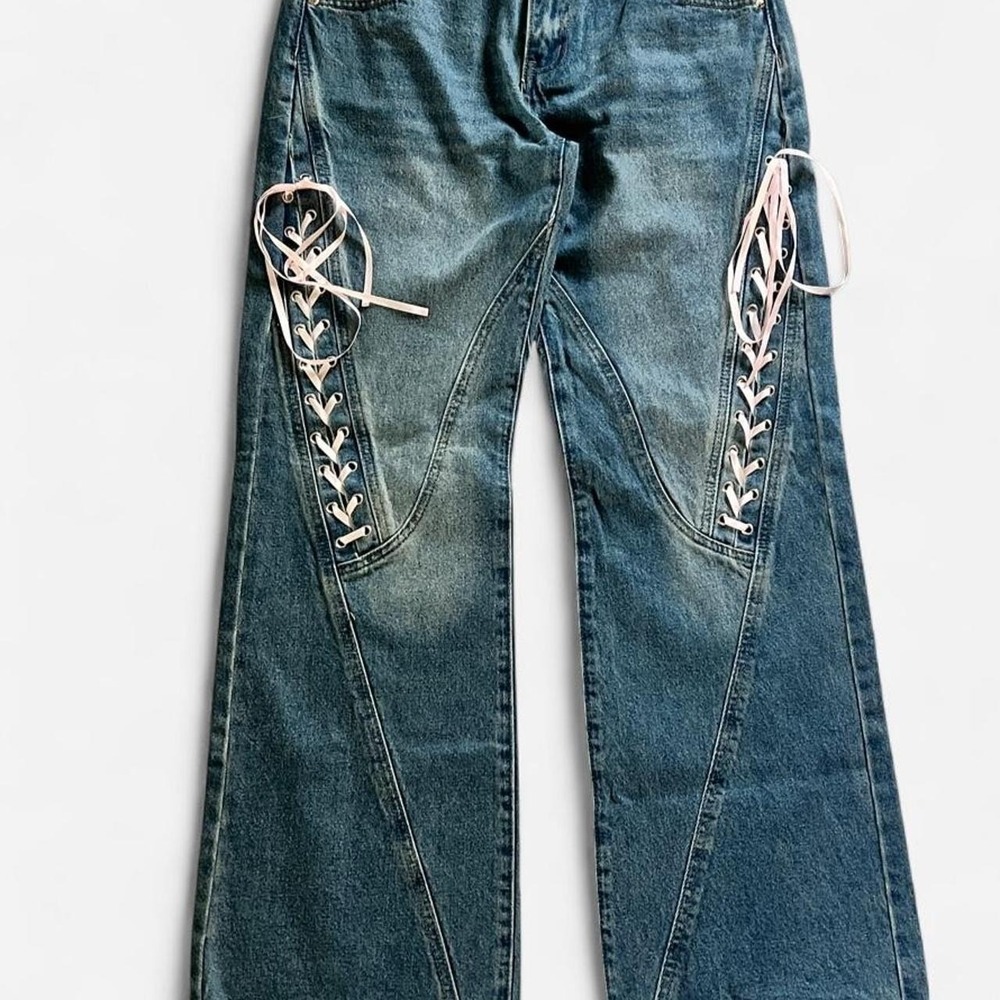 Edikted Blue Lace Up Wide Leg Jeans Pink Ribbon Paneled Denim Pants Womens M